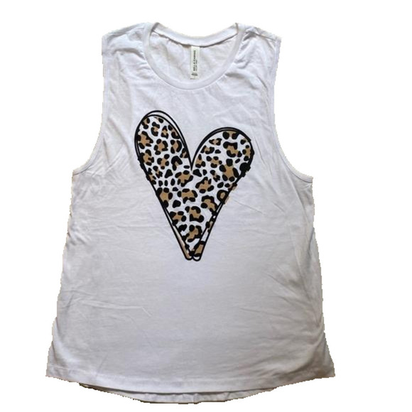 Bella Canvas Tops - Leopard Print Heart White Muscle Shirt Women’s Size Large
